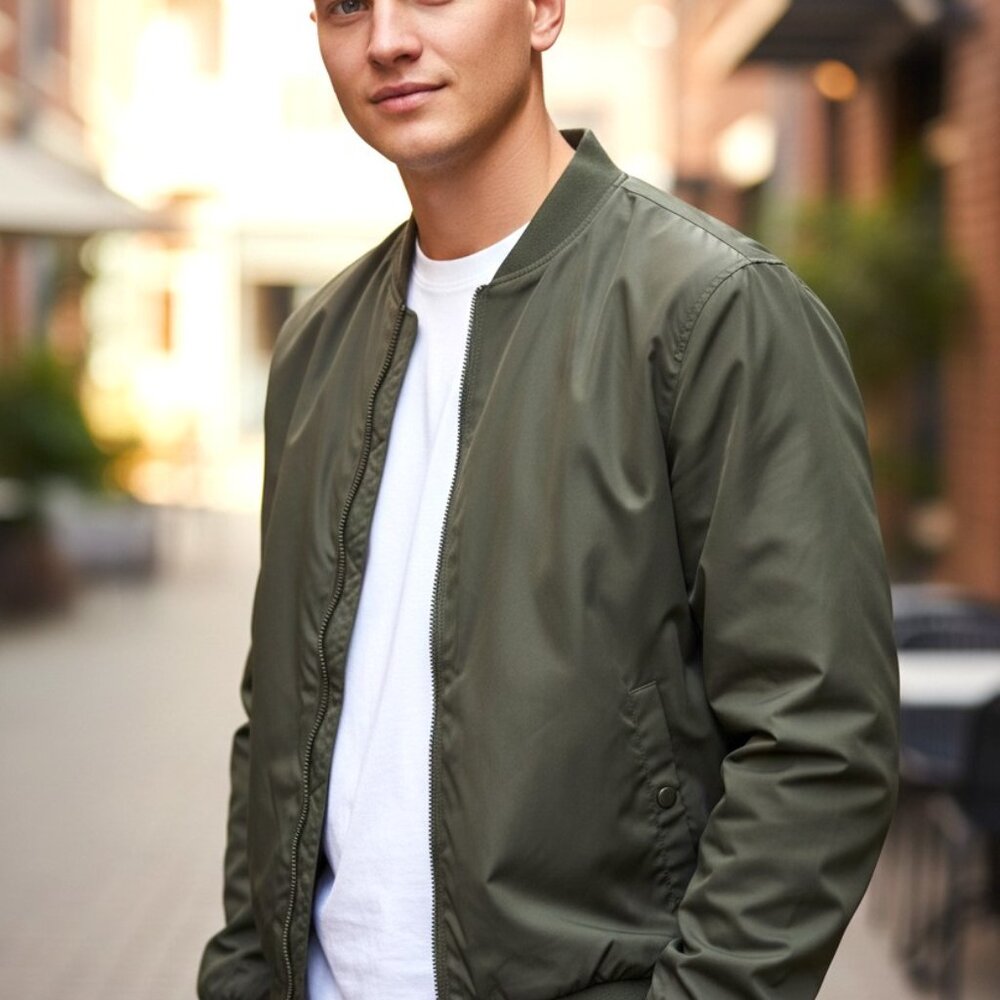 (C-81)Brave Soul Men’s Olive Green Bomber Jacket Size M Zip Front‎ Lightweight